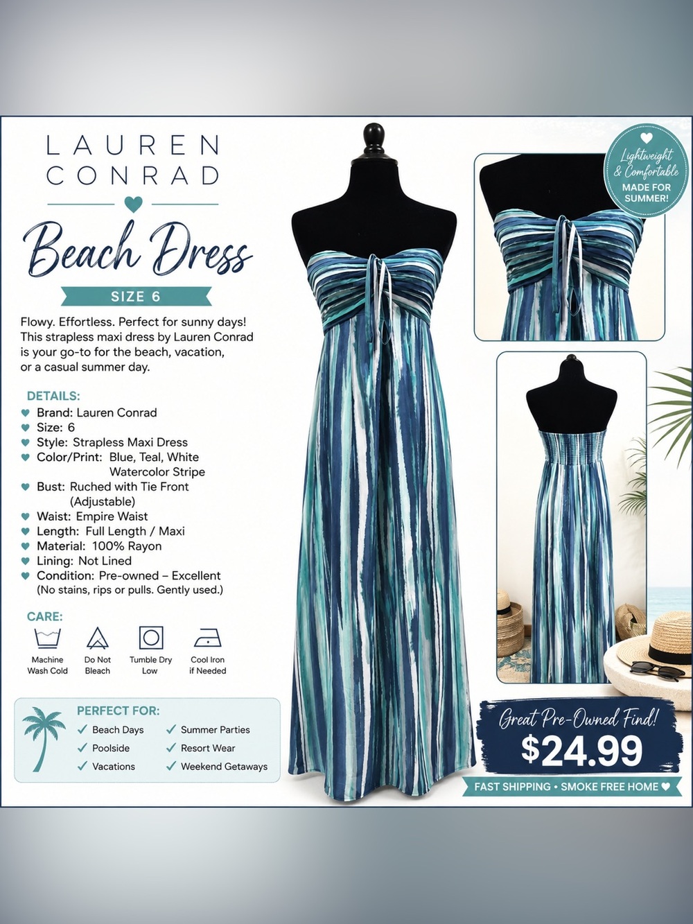 LC Lauren Conrad Teal Blue White Strapless Maxi Dress